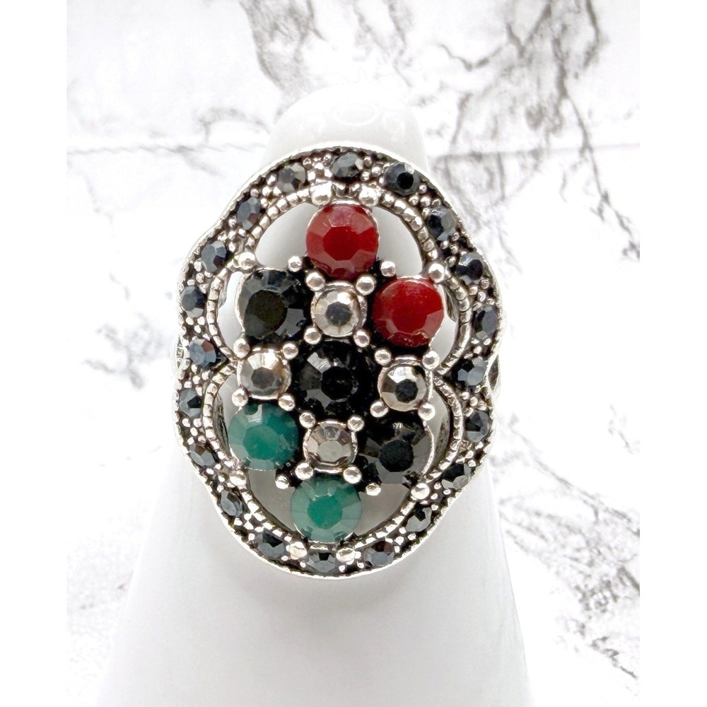 Ornate Silver Tone Red Black Green Glass Stone Cocktail Ring Size 6.25